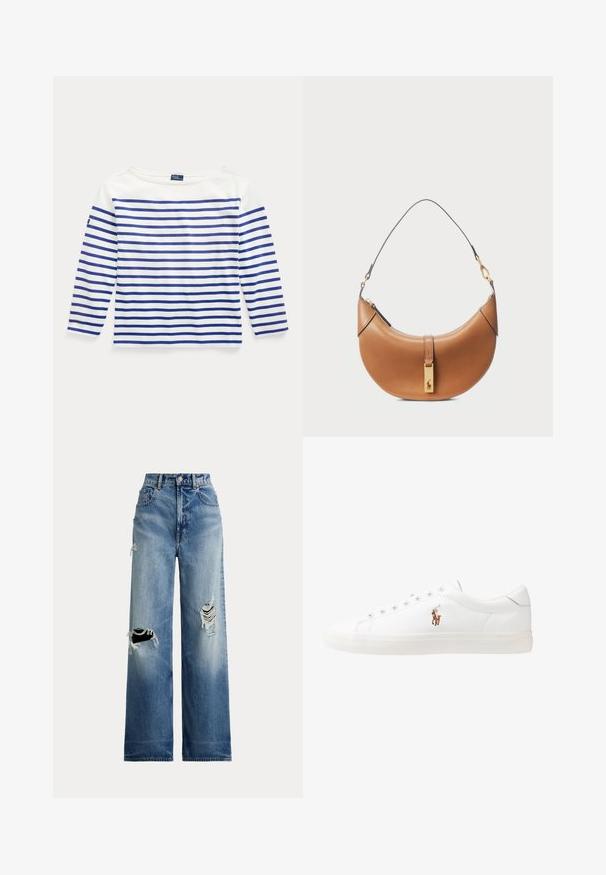 Dlouhý rukáv top v bílé bavlně s vodorovnými modrými pruhy. Má lodičkový výstřih a malou logovou etiketu na levém rukávu.; Modré džínové kalhoty s širokými nohavicemi a otvory na kolenou, s vysokým pasem, zapínáním na knoflíky a klasickým pětikapsovým designem.; Bílé kožené tenisky, nízký střih, s hladkým povrchem, kulatou špičkou, šněrováním v přední části a malým vyšitým logem na boku.; Hnědá kožená kabelka s zakřiveným tvarem, zlatými detaily a tenkým ramenním popruhem. Obsahuje zipové uzavření a logo na přední straně.
