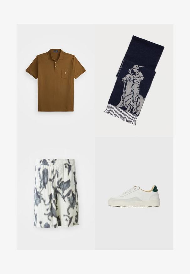 Brun polo-tröja i bomull med krage, två knappslå och en vänster bröstficka med broderad logotyp. Korta ärmar.; Vita shorts med ett svart tie-dye mönster, med resårmidja och andningsbart material för komfort. Avslappnad design med lös passform.; Vit sneaker med mockadetaljer, rund tå, platta snören och en krämfärgad gummisula. Har grön branding på hälen.; Marinblå scarf med grå grafik av en polo-spelare på hästryggen, med fransade kanter.