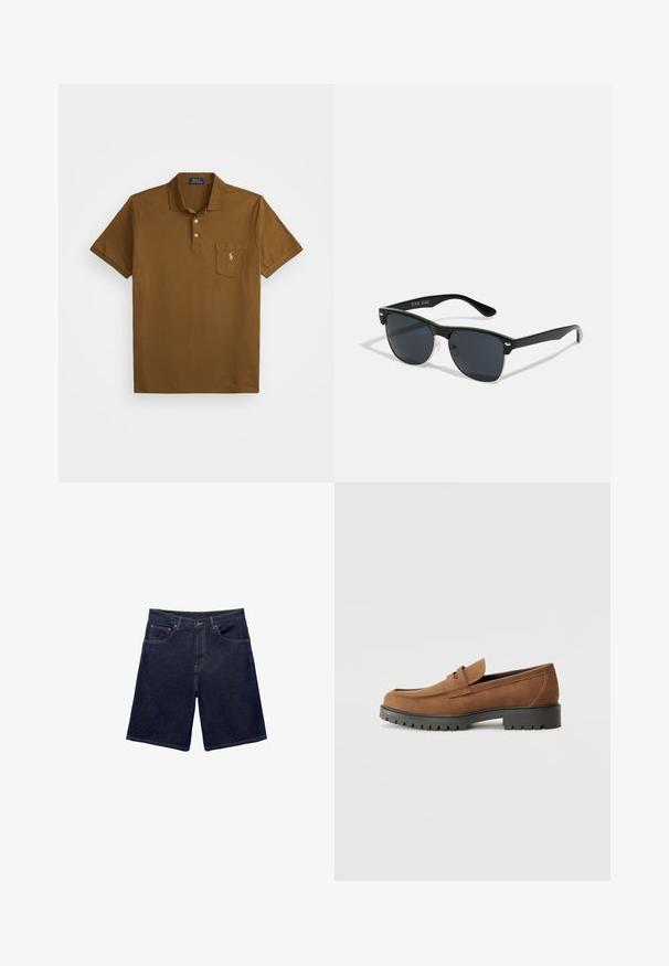 Rjava polo majica iz bombaža s ovratnikom, dvema gumboma in žepom na levi strani prsnega koša, ki ima vezeno logo. Kratki rokavi.; Denim kratke hlače v temno modri barvi, z klasičnim krojem, petimi žepi in kontrastnim šivom. Gladka tekstura s trdnim pasom.; Bordaste usnjene loafers z zaobljenim nosom in nizkim temnim gumijastim podplatom, z okrasnim trakcem in šivi na zgornjem delu.; Črne sončne naočare pravokotne oblike, temna leča, srebrni detajli na ušesih in mat površina na okvirju.