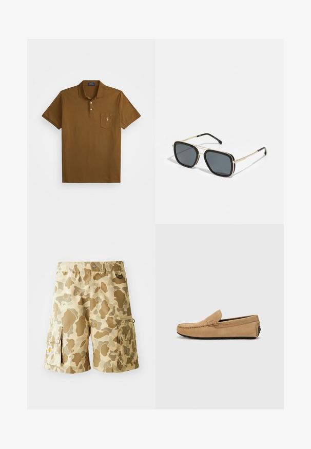 Polo shirt marrone in cotone con colletto, patta con due bottoni e taschino sul petto sinistro con logo ricamato. Maniche corte.; Pantaloni cargo color khaki con motivo camouflage in tonalità di marrone. Presentano una vita elastica, tasche laterali e dettagli in tessuto a forma di asola.; Mocassino in suede beige con punta cucita, design slip-on e suola in gomma nera. Presenta un marchio discreto sul lato.; Occhiali da sole neri e oro con forma quadrata, montatura metallica, lenti grigio scuro e punte delle aste nere. Presentano un design a doppio ponte.