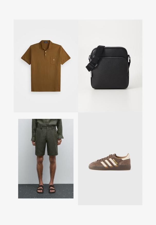 Brun polo-tröja i bomull med krage, två knappslå och en vänster bröstficka med broderad logotyp. Korta ärmar.; Olivgrön linneshorts med elastisk midja och knappstängning. Bärs med mörkbruna sandaler. Bakgrunden är enkel och neutral.; Brun mockasneaker med beige detaljer, tre vita ränder, guldfärgad märkning och en texturerad gummisula. Klassisk lågskuren design.; Svart läder crossbody-väska med en texturerad yta, utrustad med en framficka med dragkedja, justerbar rem och metalliska detaljaccent.