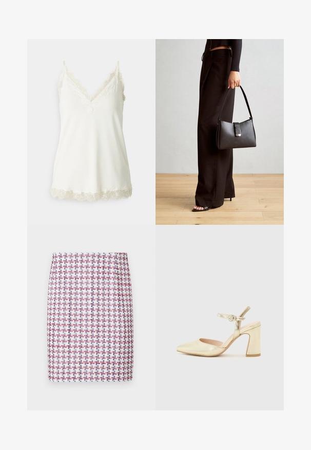Weiße Spaghettiträgerbluse mit V-Ausschnitt, zarter Spitzenverzierung an den Trägern und dem Saum sowie einer glatten, weichen Textur. Leichter Stoff.; Gewebter Rock in rot, weiß und blau im karierten Muster, mit gerader Form und glatter Textur, sowie einer mittelhohen Taille.; Goldfarbene, metallic-überzogene, hochhackige Schuhe mit einer spitzen Zehenpartie, einem Knöchelriemen mit einem runden Verschluss und einem klobigen Absatzdesign. Glatte Textur.; Schwarze Handtasche mit strukturierter Form, glatter Textur und einem metallischen Verschluss. Kombiniert mit weiten schwarzen Hosen und offenen Sandalen auf einem Holzboden.