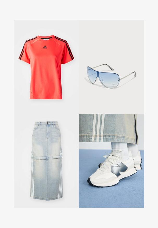 Camiseta deportiva de manga corta en un brillante color coral, fabricada con un tejido ligero. Presenta el logo de Adidas en negro y tres rayas negras en cada hombro.; Falda midi de mezclilla en azul claro, con rayas laterales, una cinturilla ajustada y bolsillos frontales. La textura desgastada añade detalle.; Zapatillas deportivas blancas con un acento plateado, fabricadas con tejido texturizado y cuero suave; presentan una suela de goma negra y cordones.; Gafas de sol tipo aviador con lentes azul degradado, montura de metal plateado y acentos decorativos de estrellas en los lentes. Diseño suave y elegante.