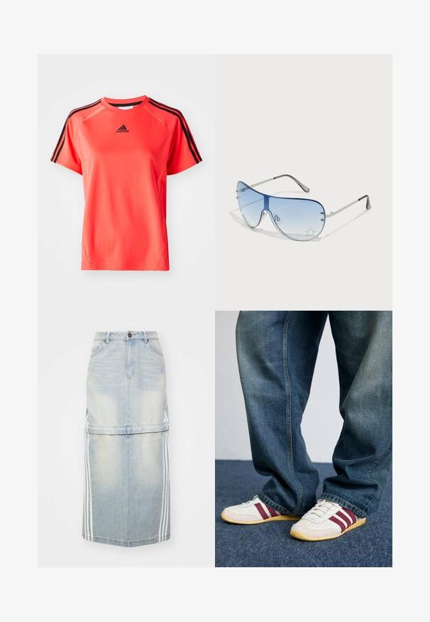 Lühikeste varrukatega, erksast korallist spordipusa, mis on valmistatud kergest kangast. Sobiline must Adidas'i logo ja iga õlavarre peal kolm musta triipu.; Hele sinine teksase midi seelik, millel on külgmised triibud, sobiv talje ja eesmistel taskutel. Kulunud tekstuur lisab detaili.; Valged tennisetsid marooni triipudega, tekstureeritud naha ja võrkkangaga, koos vabaltistuva sinise denimipükstega. Pehmed kummist tallad, igapäevane stiil.; Aviatori prillid, millel on gradient sinine objektiiv, hõbedane metallraam ja dekoratiivsed staaraktsendid objektiivil. Sujuv ja stiilne disain.