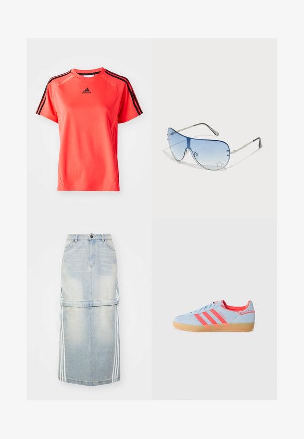 Īsām piedurknēm, spožs korallkrāsas sporta T-krekls, kas izgatavots no viegla auduma. Iekļauts melns Adidas logo un trīs melnas svītras uz katras pleca.; Gaiši zils denim midi svārks ar sānu svītrām, pieguļošu vidukli un priekšējām kabatām. Nolietots raksts piešķir detaļas.; Gaiši zili samta sporta apavi ar trim rozā svītrām, gumijas zole un izšūti akcenti. Tam ir izliekts kakls un retro dizaina elementi.; Pilotstila saulesbrilles ar gradienta zilām lēcām, sudraba metāla rāmjiem un dekoratīvām zvaigžņu akcentiem uz lēcām. Gluda un eleganta dizaina.