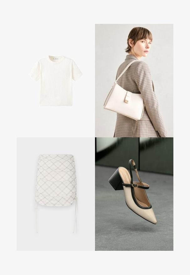 Witte korte mouwen trui met een kabelbreipatroon, ronde halslijn en geribbelde onderkant. Zachte textuur, casual pasvorm en een strakke uitstraling.; Geplooide minirok in crème met een grijs en beige ruitpatroon. Heeft verstelbare zijbanden en een gladde, gestructureerde stof.; Beige puntige slingback schoen met zwarte rand, gouden gesp en een chunky blokhak op een grijze vloer met een donker groene achtergrond.; Witte leren handtas met een gestructureerd ontwerp, voorzien van een magneetsluiting en een schouderriem, tentoongesteld tegen een neutrale achtergrond.