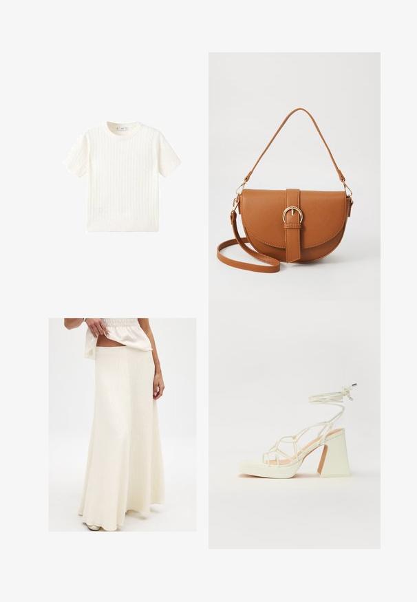 White short-sleeve sweater with a cable knit pattern, round neckline, and ribbed hem. Soft texture, casual fit, and clean design.; Cream, long maxi skirt with a textured finish. Features a fitted waist and flowing silhouette, paired with a loose, vibrant top.; White high-heeled sandal with a chunky heel, featuring a strappy design and ankle tie. Smooth texture with a platform front for added height.; Brown leather crossbody bag with a curved shape, gold hardware, and a buckle accent. Features a detachable shoulder strap.