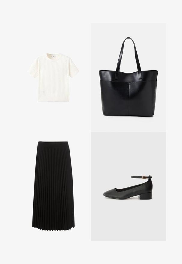 Maglione bianco a maniche corte con motivo a treccia, scollatura rotonda e orlo a coste. Texture morbida, vestibilità casual e design pulito.; Gonna nera a pieghe con una ampia vita elastica, lunghezza al ginocchio, che mostra pieghe verticali per texture e movimento.; Pump in pelle nera con punta affusolata e tacco basso a blocco. Presenta una cinghia alla caviglia con una fibbia in tonalità oro. Texture liscia.; Borsa a tracolla in pelle nera con due manici lunghi, una texture liscia e una forma strutturata. Presenta una tasca frontale per ulteriore spazio di archiviazione.
