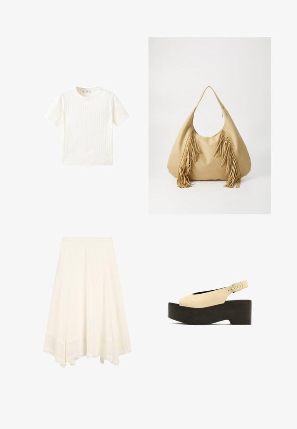 Hvid kortærmet sweater med et kabelstrik mønster, rund halsudskæring og ribbet kant. Blød tekstur, afslappet pasform og rent design.; Hvid A-line midi nederdel med flagrende bund og subtile lodrette sømme, med et tekstureret bredt kantbånd.; Beige ruskindsplatformsandaler med åben tå, slingback-design og en mørk trælignende bund, der har en metalspænde til justering.; Tan ruskind skuldertaske med en stor åbning og lange frynse detaljer på begge sider, kendetegnet ved en glat tekstur og et enkelt håndtag.