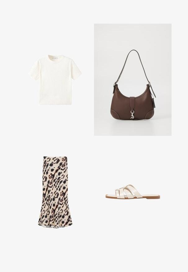 Hvid kortærmet sweater med et kabelstrik mønster, rund halsudskæring og ribbet kant. Blød tekstur, afslappet pasform og rent design.; Leopardmønstret midi-nederdel i beige og sort, lavet af glat stof, med en udskåret kant og en tætsiddende silhuet.; Flade sandaler med en lys gummisål, designet med tre overlappende hvide læderremme og en lille sløjfe detalje i midten.; Brun læderhåndtaske med en rund form, sølv hardware og dekorativt syning. Har skulderrem og spændeåbning.
