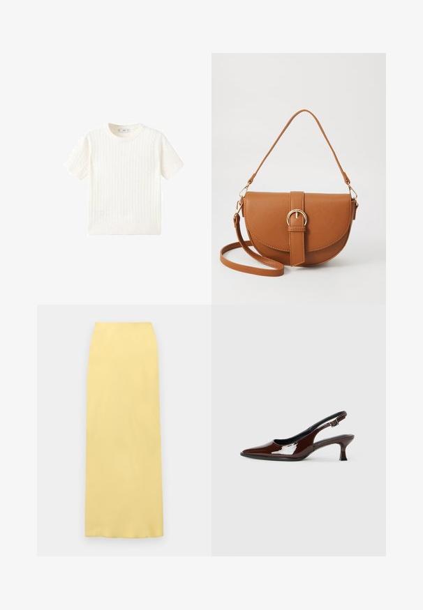 Biały sweter z krótkim rękawem, z wzorem w warkocze, okrągłym dekoltem i ściągaczem na dole. Miękka tekstura, luźny krój i czysty design.; Żółta midi spódnica wykonana z gładkiego materiału, z wysokim stanem i prostym krojem, bez widocznych wzorów czy detali metalowych.; Brązowe lakierowane skórzane buty na obcasie typu slingback z ostrym noskiem i umiarkowanym obcasem. Posiadają pasek z klamrą dla zapewnienia stabilnego dopasowania. Gładka tekstura.; Brązowa skórzana torba na ramię o zaokrąglonym kształcie, ze złotymi akcentami i zapięciem w formie klamry. Posiada odpinany pasek na ramię.