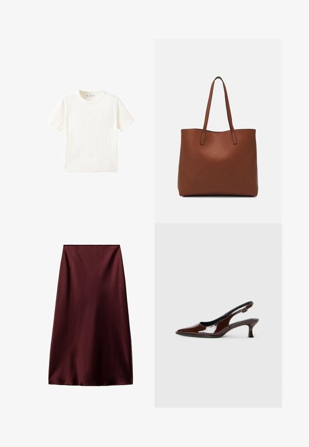 Hvid kortærmet sweater med et kabelstrik mønster, rund halsudskæring og ribbet kant. Blød tekstur, afslappet pasform og rent design.; Bordeaux satin nederdel med en glat tekstur, knælangt design og en lige silhuet med en simpel, udekoreret kant.; Brun patenteret læder slingback sko med spids tå og en moderat hæl. Har en spænde rem for en sikker pasform. Glat tekstur.; Brun læder tote taske med en glat overflade, åben topdesign og to skulderremme. Har minimal syning og ingen synlig hardware.