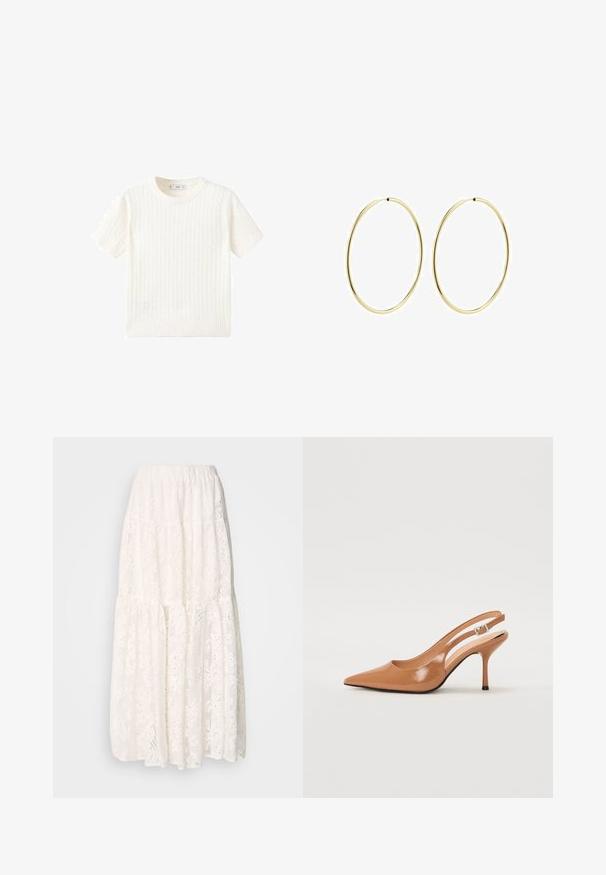 Maglione bianco a maniche corte con motivo a treccia, scollatura rotonda e orlo a coste. Texture morbida, vestibilità casual e design pulito.; Gonna maxi bianca in pizzo con un design a strati, vita elasticizzata e intricate fantasie floreali su tutta la superficie. Tessuto leggero e texturizzato.; Tacco slingback a punta affusolata in un materiale tan liscio e lucido. Presenta un design con ritaglio curvo e un sottile tacco a stiletto. Dettaglio con fibbia argentata.; Orecchini a cerchio in oro con un design liscio e arrotondato. Sottili e leggeri, con un anello continuo privo di decorazioni.