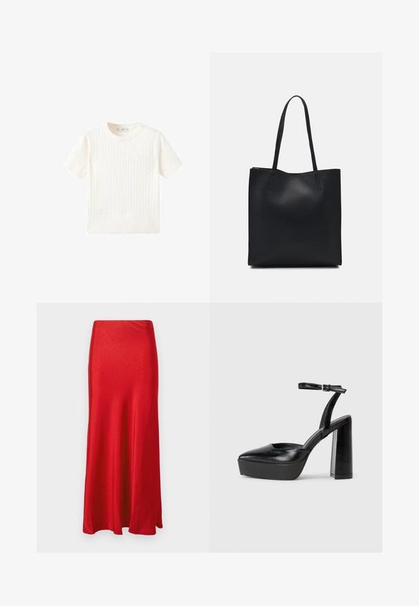 Bílý svetřík s krátkým rukávem a vzorem copánkového pletení, kulatým výstřihem a pružným lemem. Měkká textura, volný střih a čistý design.; Červená saténová maxi sukně s hladkou texturou, vysokým pasem a jemně lichoběžníkovým střihem. Spodní lem je mírně rozšířený.; Černé platformové podpatky s špičatou špičkou a nastavitelným kotníkovým popruhem. Vyrobeny z hladké kůže, s masivním blokovým podpatkem.; Černá kožená taška přes rameno s hladkým povrchem, obdélníkovým tvarem a dvěma dlouhými uchy. Žádné viditelné kování ani ozdoby.