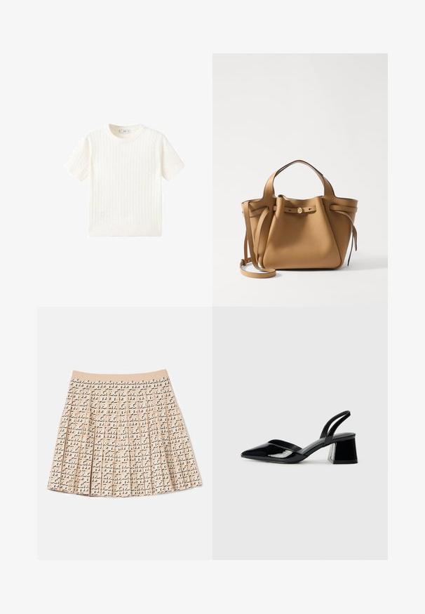 Witte korte mouwen trui met een kabelbreipatroon, ronde halslijn en geribbelde onderkant. Zachte textuur, casual pasvorm en een strakke uitstraling.; Plissérok gemaakt van beige stof met een herhalend zwart patroon. Heeft een zachte tailleband en een licht uitlopende pasvorm.; Zwarte gepatineerde leren slingback hakken met een spitse neus en een geometrische blokhak. Kenmerkt zich door een slank, minimalistisch ontwerp en een gladde textuur.; Tory Burch ROMY PEBBLED SATCHEL - Handtas - tiramisu