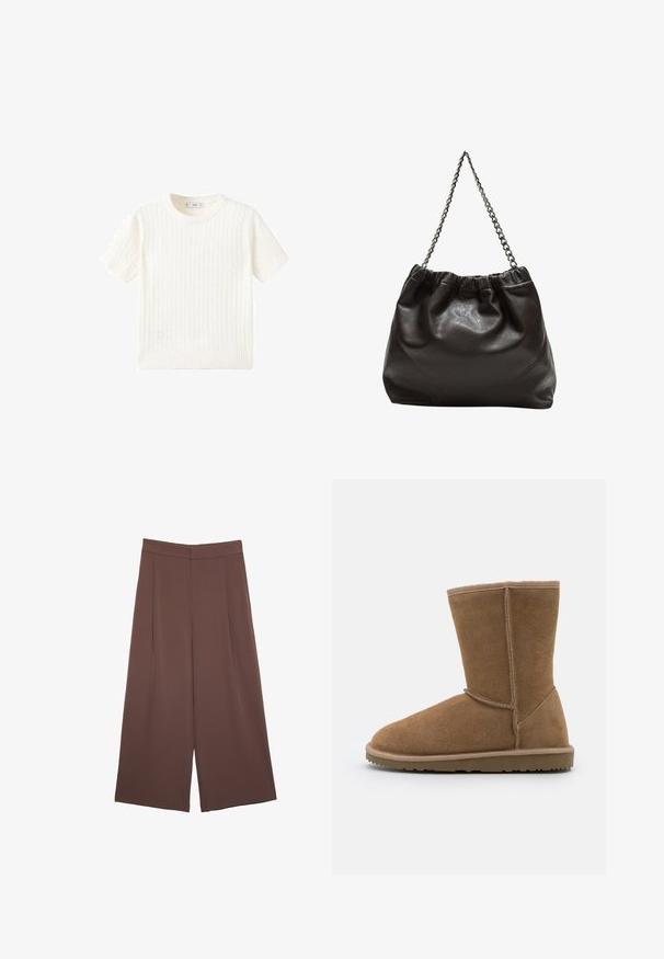 Vit kortärmad tröja i kabelstickad mönster, rund halsringning och ribbad nederkant. Mjuk textur, avslappnad passform och ren design.; Bruna vida byxor med en slät textur, som har hög midja och framfickor. Tyget är lätt och flödar löst.; Bruna mocka anklar med rundad tå, vertikala sömmar och en platt gummisula. Designen har sömmar runt öppningen.; Brun läderväska med rynkad topp och kedjesnodd. Slät textur med en blankslipad yta och subtila sömdetaljer på sidorna.