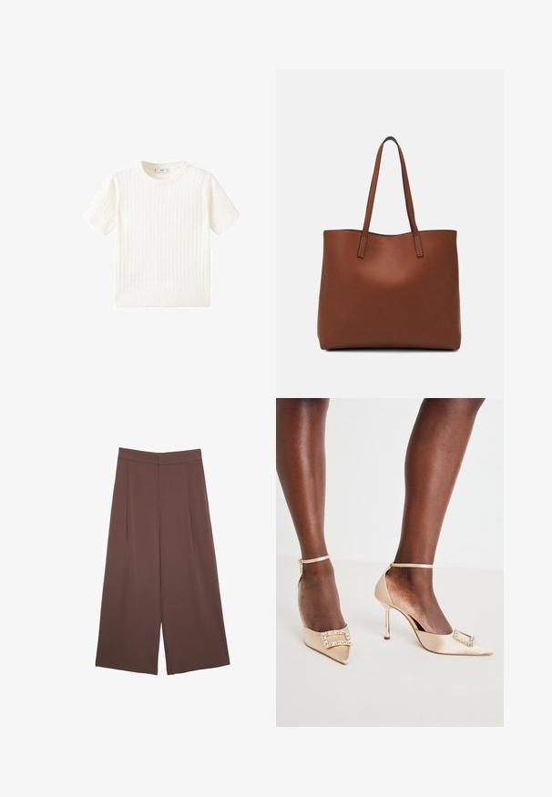 Maglione bianco a maniche corte con motivo a treccia, scollatura rotonda e orlo a coste. Texture morbida, vestibilità casual e design pulito.; Pantaloni ampi marroni con una texture liscia, caratterizzati da una vita alta e pieghe frontali. Il tessuto è leggero e scorre liberamente.; Scarpe beige in satin con tacco alto e punta affilata, caratterizzate da un dettaglio con fibbia gioiello e cinturino alla caviglia. Tacchi a stiletto lucidi.; Borsa tote in pelle marrone con texture liscia, design con apertura superiore e due spallacci. Presenta cuciture minime e nessun hardware visibile.; Fascia per capelli imbottita di colore crema con design intrecciato, abbinata a una camicia a righe beige e bianche con scollatura rotonda. Accenti di gioielli delicati.
