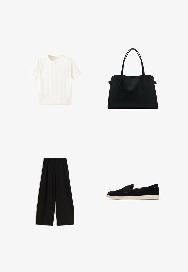 Pulover alb cu mânecă scurtă, având un model cu tricotaj în cablu, guler rotund și tiv răsucit. Textură moale, ajustare casuală și design curat.; Pantaloni negri cu croi larg, confecționați dintr-un material satinat, cu talie înaltă, pliseuri în față și fără embellishments sau modele vizibile.; Cesare Gaspari FLAT SOLE - Mocasini - black; Geantă din piele neagră cu două mânere pentru umăr, formă rectangulară și design minimalistic pe un fundal alb.