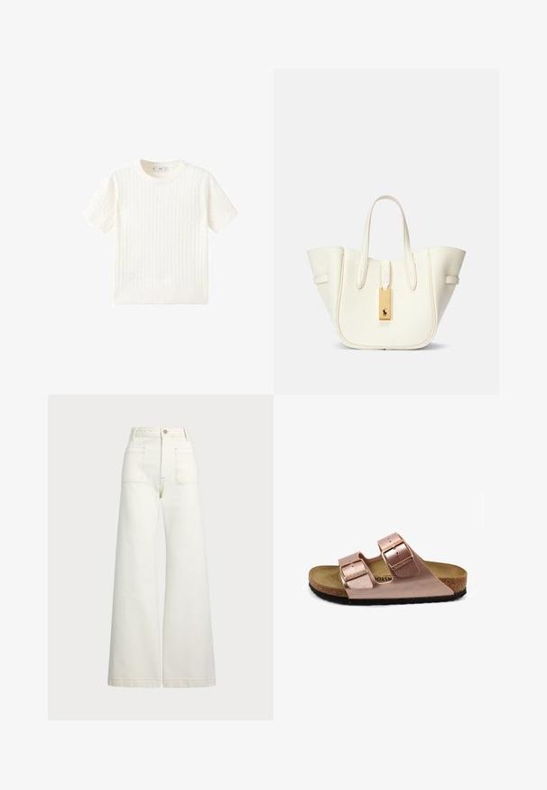 Bela kratka majica s kratkimi rokavi z vzorcem kabelskega pletenja, okroglo izrezano in rebrastim robom. Mehak material, sproščen kroj in čist dizajn.; Široke jeans hlače v off-white denim tkanini. Visok pas z gumbnim zapiranjem, dvema sprednjima žepoma in detajli kontrastnega šivanja.; Roza veganska usnjena sandala z dvema nastavljivima zaponkama, plutastim podplatom in črnim gumijastim podplatom. Minimalistična zasnova z ravnim profilom.; Bela usnjena torba z obliko, ki ohranja strukturo, izrazitim šivom, zlatim kovinskim dodatkom in dvema ročkama. Teksturna površina s stranskimi žepi.