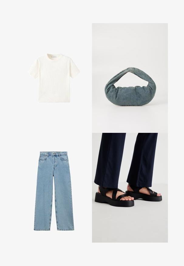 Pulover alb cu mânecă scurtă, având un model cu tricotaj în cablu, guler rotund și tiv răsucit. Textură moale, ajustare casuală și design curat.; Mango Blugi loose fit - blue; Sandale platform cu talpă groasă, de culoare neagră, cu bretele late încrucișate. Partea superioară este realizată dintr-un material neted, având un design cu vârful deschis.; Geantă din denim albastru cu o formă rotundă și umplutură, având un mâner curbat. Textura este moale, cu cusături vizibile și un finisaj neted.