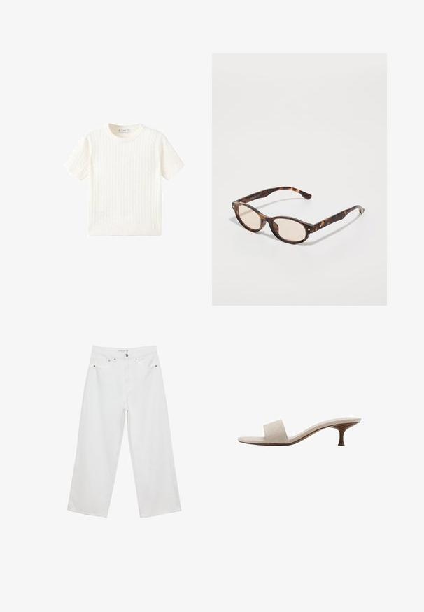 Vit kortärmad tröja i kabelstickad mönster, rund halsringning och ribbad nederkant. Mjuk textur, avslappnad passform och ren design.; Vita vida jeans i denim med hög midja, med fem fickor och metalldetaljer. Slät textur, inga synliga mönster.; Hällös sandal med övre i beige vävd tyg, öppen tå och böjd trä-mittsåle. Designen har en mjuk textur och minimalistisk form.; Sköldpaddsmönstrade solglasögon med rund form och ljusa linser. Har robusta bågar med små gulddetaljer, tillverkade av plastmaterial.; Tory Burch ROMY PEBBLED SATCHEL - Handväska - tiramisu