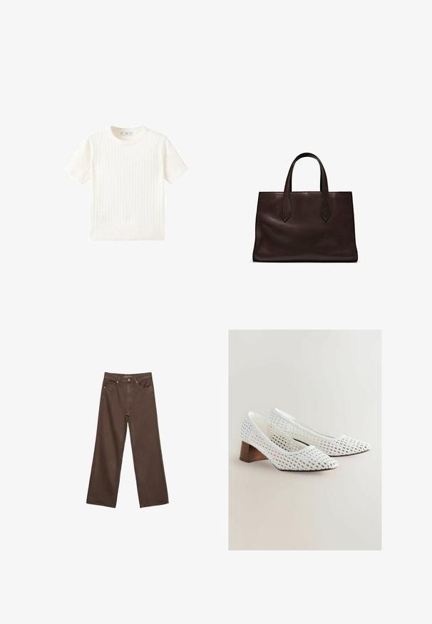 White short-sleeve sweater with a cable knit pattern, round neckline, and ribbed hem. Soft texture, casual fit, and clean design.; Wide-leg brown jeans made of denim, featuring a high waist, front pockets, and a classic button closure. Smooth texture with subtle stitching.; White woven pumps with a pointed toe and a low wooden heel. The texture is open-weave, showcasing intricate patterns.; Brown leather tote bag with two elongated handles, structured rectangular shape, smooth texture, and subtle stitching details.