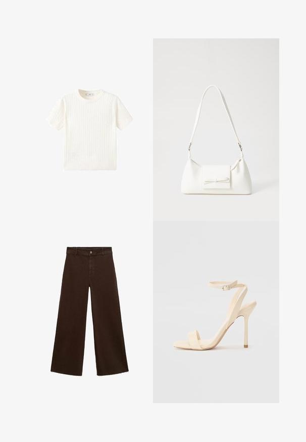 Weißer Kurzarmpullover mit Zopfmuster, Rundhalsausschnitt und geripptem Saum. Weicher Stoff, lässige Passform und schlichtes Design.; Braune, weit geschnittene Hosen aus Baumwollmischung mit fransigem Saum, vorderem Knopfverschluss und klassischem Fünf-Taschen-Design. Minimalistisch und vielseitig.; Beige High Heel Sandale mit einem schmalen Knöchelriemen und quadratförmiger Zehenpartie. Glattes synthetisches Material, minimalistisches Design und Pfennigabsatz.; Weiße synthetische Handtasche in dreieckiger Form, flache Vorderklappe und Schleifendetail, verstellbarer Trageriemen, glatte Textur und minimalistisches Design.