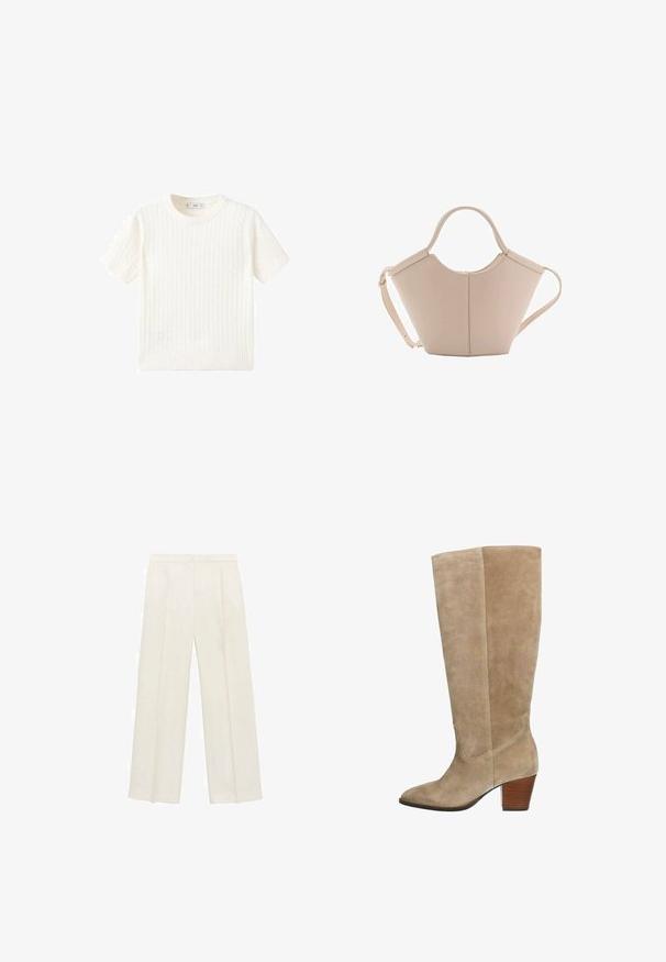 Maglione bianco a maniche corte con motivo a treccia, scollatura rotonda e orlo a coste. Texture morbida, vestibilità casual e design pulito.; Pantaloni a gamba larga di un leggero colore crema. Realizzati in un tessuto morbido con pieghe sul davanti e tasche laterali.; Stivale al ginocchio in suede beige con punta affusolata e tacco impilato. Presenta una parte superiore liscia e dettagli cuciti lungo il lato.; Borsa in pelle beige con una forma unica, caratterizzata da due manici corti e una lunga tracolla regolabile. Texture liscia con hardware minimale.