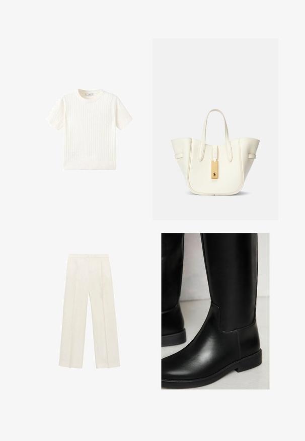 Bílý svetřík s krátkým rukávem a vzorem copánkového pletení, kulatým výstřihem a pružným lemem. Měkká textura, volný střih a čistý design.; Kalhoty s širokými nohavicemi v světle krémové barvě. Vyrobené z hladké tkaniny s záhyby vpředu a bočními kapsami.; Černé kožené vysoké boty až ke kolenům s hladkým texturem, kulatou špičkou, minimálním prošíváním a nízkým blokovým podpatkem. Působí elegantním, přiléhavým designem.; Bílá kožená taška přes rameno se strukturovaným tvarem, výrazným prošitím, zlatým kovovým štítkem a dvojitými uchy. Texturovaný povrch s bočními kapsami.