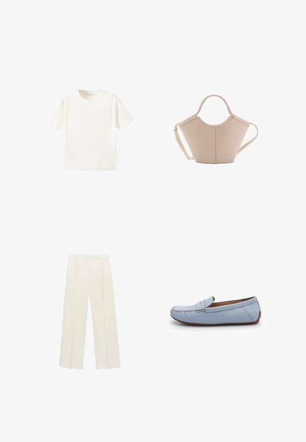 Biały sweter z krótkim rękawem, z wzorem w warkocze, okrągłym dekoltem i ściągaczem na dole. Miękka tekstura, luźny krój i czysty design.; Spodnie o szerokich nogawkach w jasnym kolorze kremowym. Wykonane z gładkiego materiału, z plisami z przodu i bocznymi kieszeniami.; Jasnoniebieskie skórzane mokasyny z przeszyciami, zaokrąglonym noskiem i gładką teksturą. Gumowa podeszwa o niskim profilu.; Beżowa skórzana torebka o unikalnym kształcie, z dwoma krótkimi uchwytami i długim, regulowanym paskiem. Gładka tekstura z minimalną ilością elementów metalowych.