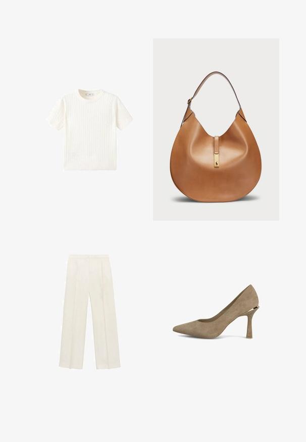 Witte korte mouwen trui met een kabelbreipatroon, ronde halslijn en geribbelde onderkant. Zachte textuur, casual pasvorm en een strakke uitstraling.; Wijdgevallen broeken in een lichtcrème kleur. Gemaakt van een zachte stof met plooien aan de voorkant en zijzakken.; Beige suède hoge hak pump met een spits toelopende neus en een unieke geometrische hak. Gladde textuur met minimale stikdetails.; Tan leren handtas met een gebogen vorm en een brede schouderband. Heeft een gouden metalen accent in het midden en een gladde textuur.
