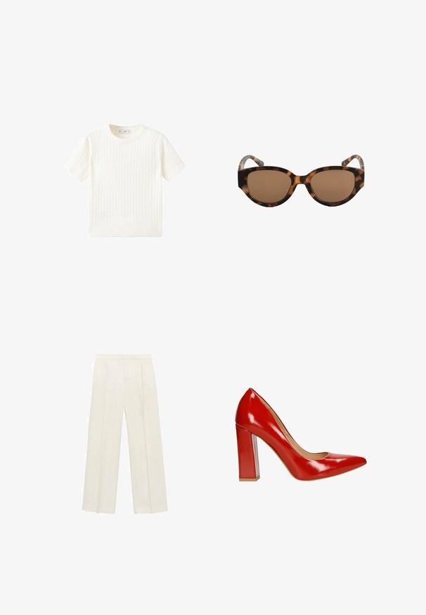 Maglione bianco a maniche corte con motivo a treccia, scollatura rotonda e orlo a coste. Texture morbida, vestibilità casual e design pulito.; Pantaloni a gamba larga di un leggero colore crema. Realizzati in un tessuto morbido con pieghe sul davanti e tasche laterali.; Pumps con tacco alto in pelle laccata rossa, con punta affusolata e tacco a blocco robusto. Texture liscia con finitura lucida e dettagli minimi.; Occhiali da sole tartarugati marroni con montatura a occhio di gatto, lenti marroni e superficie liscia. La montatura presenta bracci curvi con un motivo sottile.; Borsa a spalla in pelle nera con una texture liscia, forma curva e manico regolabile. Presenta una cucitura minimale e un design semplice.