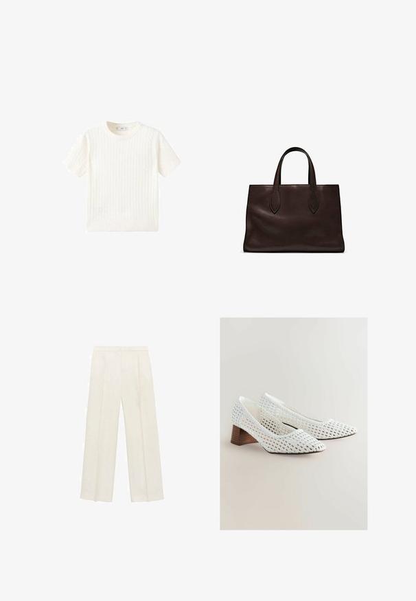 Witte korte mouwen trui met een kabelbreipatroon, ronde halslijn en geribbelde onderkant. Zachte textuur, casual pasvorm en een strakke uitstraling.; Wijdgevallen broeken in een lichtcrème kleur. Gemaakt van een zachte stof met plooien aan de voorkant en zijzakken.; Witte geweven pumps met een puntige neus en een lage houten hak. De textuur is opengeweven, met ingewikkelde patronen.; Bruine leren tote bag met twee verlengde handvatten, gestructureerde rechthoekige vorm, gladde textuur en subtiele stiksels.