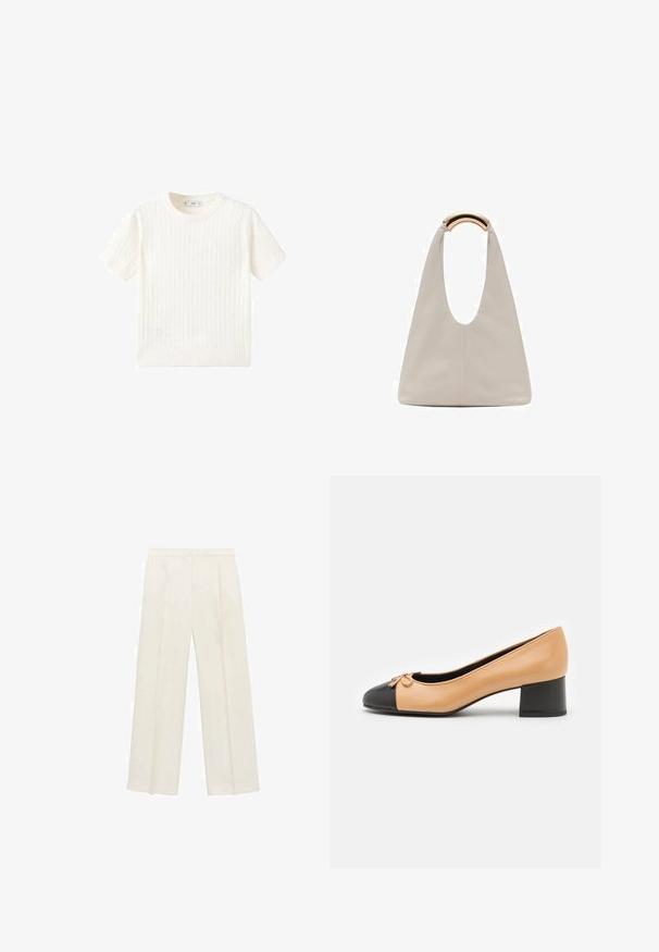 Pulover alb cu mânecă scurtă, având un model cu tricotaj în cablu, guler rotund și tiv răsucit. Textură moale, ajustare casuală și design curat.; Pantaloni cu picioare largi, de culoare crem deschis. Realizați dintr-un material neted, cu plisuri în față și buzunare laterale.; Pantofle bej din piele cu vârful rotunjit negru, detaliu cu fundiță mică și toc mic de tip bloc. Textură netedă și siluetă clasică.; Geantă din piele gri deschis cu un design în formă de U și un mâner metalic curbat. Textură netedă cu cusături minime și fără modele vizibile.