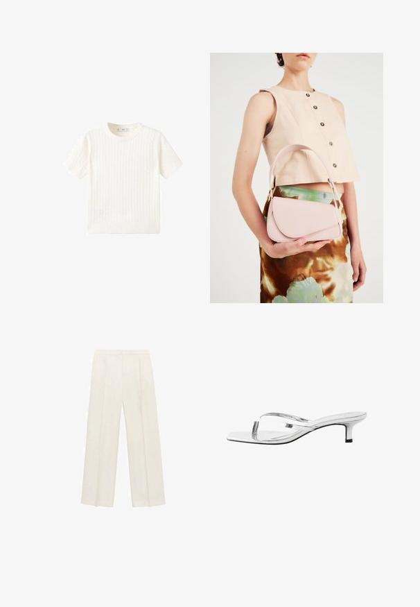 Bijela kratka majica s kratkim rukavima s uzorkom pletenice, okruglim izrezom i rebrastim rubom. Mekana tekstura, ležeran kroj i jednostavan dizajn.; Hlače širokog kroja u svijetloj krem boji. Izrađene su od glatkog materijala s plisama sprijeda i bočnim džepovima.; Next SIGNATURE TOE POST REGULAR FIT - Sandale s remenom u obliku slova T - silver; Ružičasta kožna torba s zakrivljenim poklopcem, jednim remenom za rame i čistim linijama. Torba ima glatku teksturu i minimalistički dizajn.