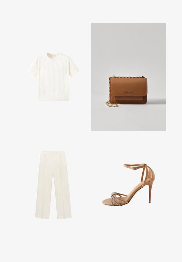 Weißer Kurzarmpullover mit Zopfmuster, Rundhalsausschnitt und geripptem Saum. Weicher Stoff, lässige Passform und schlichtes Design.; Weit geschnittene Hosen in einem hellen cremefarbenen Farbton. Hergestellt aus einem glatten Stoff mit Falten an der Vorderseite und seitlichen Taschen.; Stiletto-Absatzschuh aus nude Leder, mit einer geknoteten Vorderseite und Strassakzenten sowie einem dünnen Knöchelriemen mit quadratischer Schnalle.; Braune strukturierte Ledertasche mit goldener Kettenriemen und Klappenverschluss. Die Vorderseite zeigt ein Logo-Detail und eine Tasche unter der Klappe.