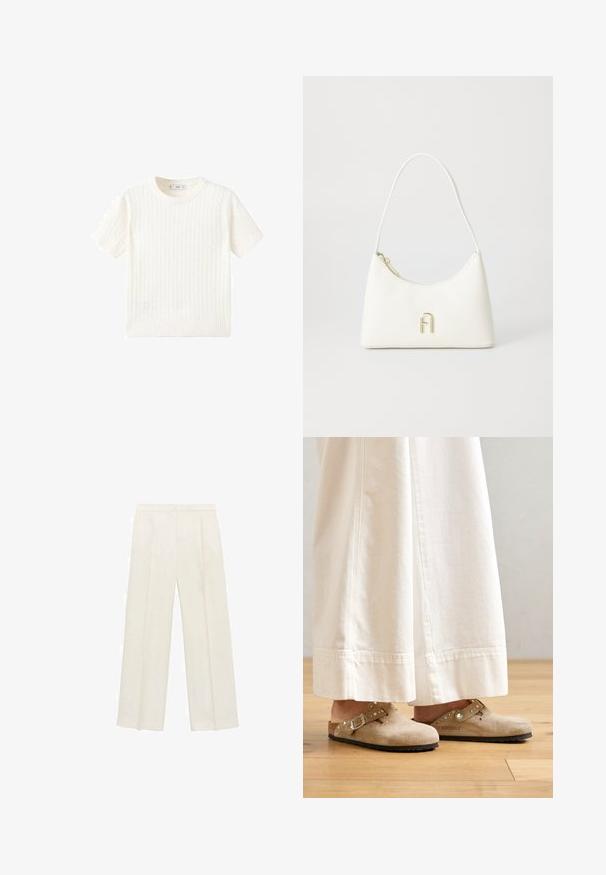 White short-sleeve sweater with a cable knit pattern, round neckline, and ribbed hem. Soft texture, casual fit, and clean design.; Wide-legged trousers in a light cream color. Made from a smooth fabric with pleats at the front and side pockets.; Beige suede clogs with a buckled strap and studded accents, worn with white wide-leg pants, set on a wooden floor.; White handbag with a curved shape and smooth texture. Features a gold-tone logo accent and a zipper closure. Adjustable shoulder strap.