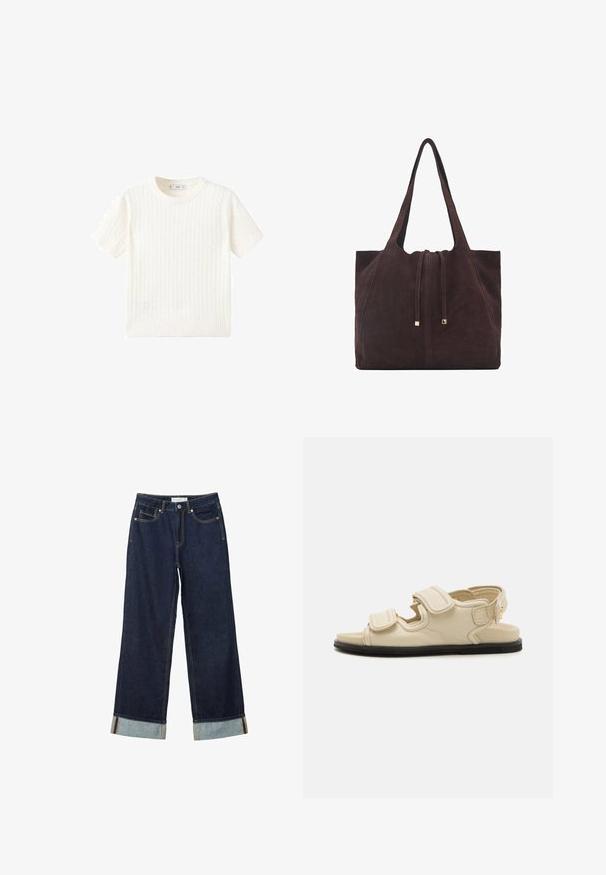 Biały sweter z krótkim rękawem, z wzorem w warkocze, okrągłym dekoltem i ściągaczem na dole. Miękka tekstura, luźny krój i czysty design.; Ciemnoniebieskie dżinsy o szerokich nogawkach i wysokim stanie, z podwiniętymi mankietami, kontrastowym przeszyciem i pięcioma kieszeniami. Wykonane z materiału dżinsowego.; Beżowe skórzane sandały z dwiema regulowanymi paskami na rzep, zabudowanym czubkiem i czarną gumową podeszwą. Charakteryzują się minimalistycznym designem i otwartym tyłem.; Mango - Torba na zakupy
