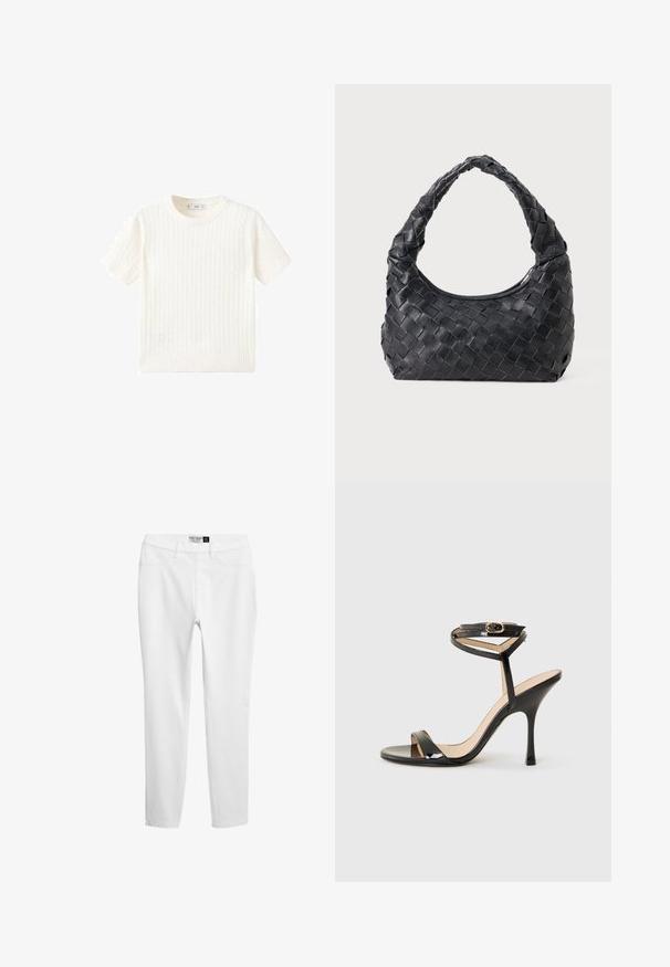Pull court à manches courtes blanc avec un motif en maille torsadée, col rond et ourlet côtelé. Texture douce, coupe décontractée et design épuré.; Leggings blancs en jersey avec une texture lisse, coupe slim et design traditionnel à cinq poches, fabriqués dans un tissu léger avec des détails de couture subtils.; Sandale à talons hauts en cuir verni noir avec une fine bride de cheville et une boucle, orteil ouvert et talon aiguille mince sur fond blanc.; Sac en cuir noir tissé avec une poignée arrondie et un corps en forme de croissant sur un fond uni.