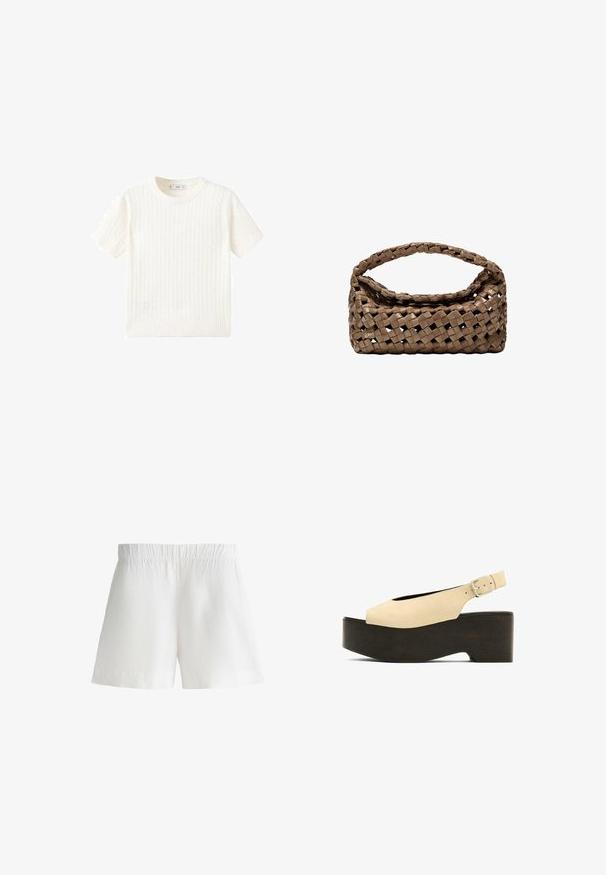 Bílý svetřík s krátkým rukávem a vzorem copánkového pletení, kulatým výstřihem a pružným lemem. Měkká textura, volný střih a čistý design.; Bílé šortky vyrobené z lehkého materiálu, s elastickým pasem a volným střihem. Hladká textura bez dalších vzorů či akcentů.; Béžové semišové platformové sandály s otevřenou špičkou, designem se slingback a tmavým dřevěným podstavcem, s kovovou sponou pro nastavení.; Tkaná hnědá kabelka s obdélníkovým tvarem, pevnou rukojetí a texturovaným povrchem. Disponuje uzavřeným vrchem a složitým vzorem tkaní.