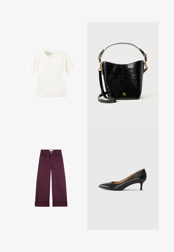 White short-sleeve sweater with a cable knit pattern, round neckline, and ribbed hem. Soft texture, casual fit, and clean design.; Wide-leg pants in deep burgundy denim, featuring front pockets, a button closure, and rolled cuffs for added detail.; Black leather pump with a pointed toe, low heel, and a smooth texture. Features a slight opening at the front and minimal hardware at the back.; Black croc-embossed leather bag with a curved shape, gold hardware accents, an adjustable strap, and a logo detail at the front.