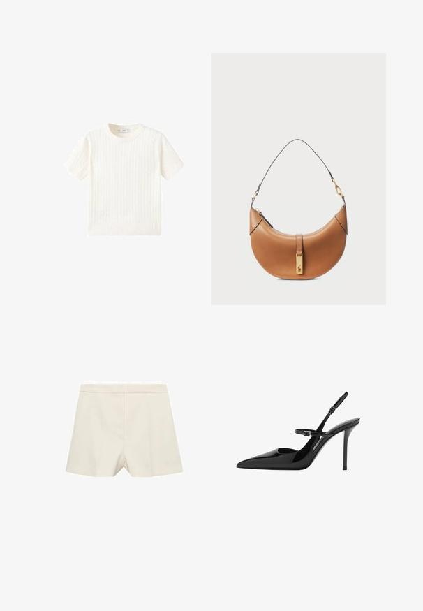Weißer Kurzarmpullover mit Zopfmuster, Rundhalsausschnitt und geripptem Saum. Weicher Stoff, lässige Passform und schlichtes Design.; Cremfarbene Shorts mit einer maßgeschneiderten Passform, die eine glatte Textur, eine flache Vorderseite und subtile Falten aufweisen. Schlichtes Design ohne Verzierungen.; Schwarze Lackleder Slingback-High Heels mit spitzem Zeh, verstellbarem Riemen und Stiletto-Absatz. Glatte Oberfläche mit glänzendem Finish.; Taschenhandtasche aus tanfarbenem Leder mit geschwungener Form, goldenen Beschlägen und einem dünnen Schulterriemen. Verfügt über einen Reißverschlussverschluss und ein Logodetail auf der Vorderseite.