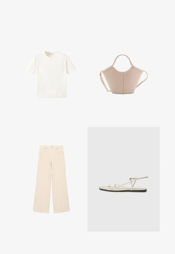 Bijela kratka majica s kratkim rukavima s uzorkom pletenice, okruglim izrezom i rebrastim rubom. Mekana tekstura, ležeran kroj i jednostavan dizajn.; Kremaste široke hlače napravljene od mekanog materijala, sa klasičnim kopčanjem na dugme i zatvarač, prednjim dzepovima i glatkom teksturom.; Bež sandala na ravnom potplatu s više tankih trakica i podesivom kopčom. Potplat je ravan s blagim tamnim kontrastom na rubu.; Bež kožna torba jedinstvenog oblika, s dva kratka ručka i dugom podesivom trakom. Glatka tekstura s minimalnim metalnim dodacima.