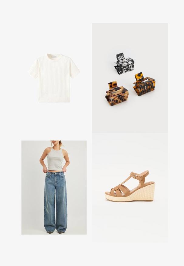 White short-sleeve sweater with a cable knit pattern, round neckline, and ribbed hem. Soft texture, casual fit, and clean design.; NA-KD WEITE MIT TIEFER TAILLE - Flared Jeans - vintage blue; Tan wedge sandals featuring a cross-strap design, adjustable ankle buckle, and a textured woven espadrille-style wedge.; Three hair clips: one black and white marbled, two tortoiseshell in brown and black hues, all made of glossy plastic with a textured finish.