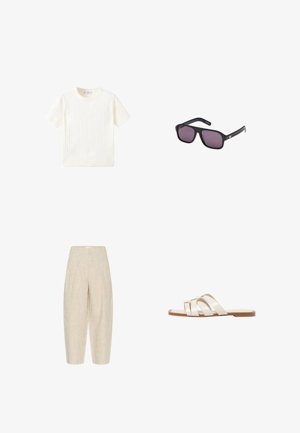 Biały sweter z krótkim rękawem, z wzorem w warkocze, okrągłym dekoltem i ściągaczem na dole. Miękka tekstura, luźny krój i czysty design.; Beżowe lniane spodnie o luźnym kroju, z plisami w pasie, skróconą długością i fakturowanym, tkanym materiałem.; Płaskie sandały z brązową gumową podeszwą, zaprojektowane z trzema nakładającymi się na siebie białymi skórzanymi paskami i małym detalem w postaci kokardy na środku.; Czarne okulary przeciwsłoneczne z kwadratową oprawką, ciemnymi soczewkami i złotym logo na zauszniku. Gładki plastikowy materiał z matowym wykończeniem.