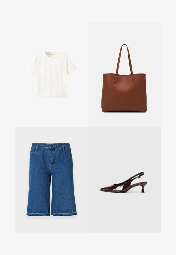 Bijela kratka majica s kratkim rukavima s uzorkom pletenice, okruglim izrezom i rebrastim rubom. Mekana tekstura, ležeran kroj i jednostavan dizajn.; Plave traperice kratke hlače ravnog kroja, s pojasom, pet džepova i suptilnim detaljima šivanja duž šavova.; Smeđe patentne kožne cipele s otvorenom petom, špicastim vrhom i umjerenom petom. Imaju remen s kopčom za sigurno pristajanje. Glatka tekstura.; Smeđa kožna torba preko ramena s glatkom teksturom, otvorenim vrhom i dvjema naramenicama. Ima minimalne šavove i nema vidljivog hardvera.