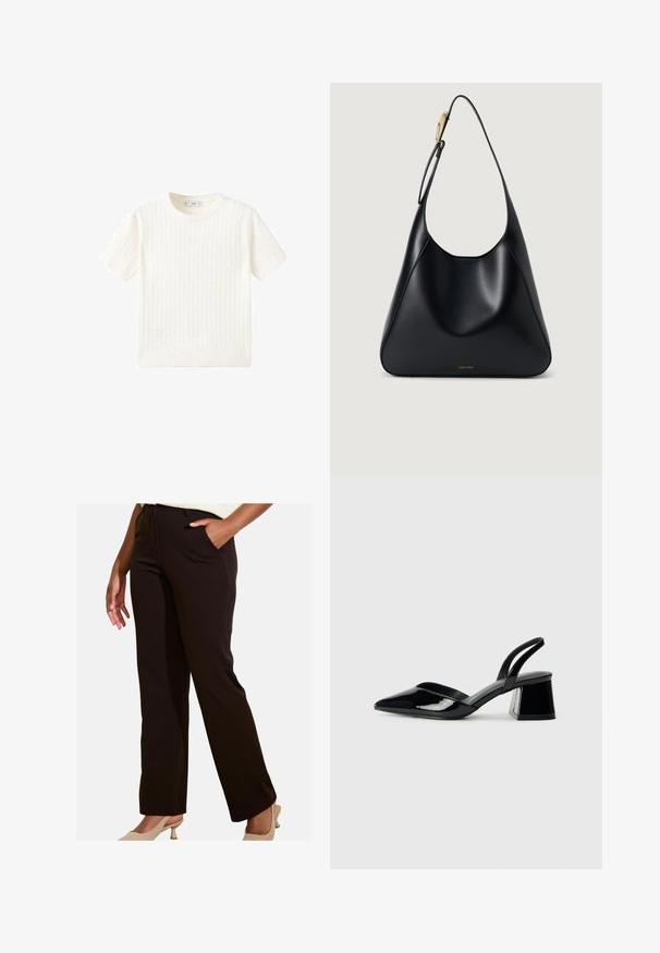 Biały sweter z krótkim rękawem, z wzorem w warkocze, okrągłym dekoltem i ściągaczem na dole. Miękka tekstura, luźny krój i czysty design.; Czarne spodnie o prostym kroju, z bocznymi kieszeniami i gładką teksturą. Noszone z jasnymi butami, odpowiednie na różne okazje.; Czarne lakierowane półbuty na obcasie z wydłużonym noskiem i geometrycznym słupkiem. Charakteryzują się eleganckim, minimalistycznym designem oraz gładką fakturą.; Czarna skórzana torebka na ramię o gładkiej teksturze, zaokrąglonym kształcie i złotych akcentach. Posiada wytłoczone logo marki na dole.