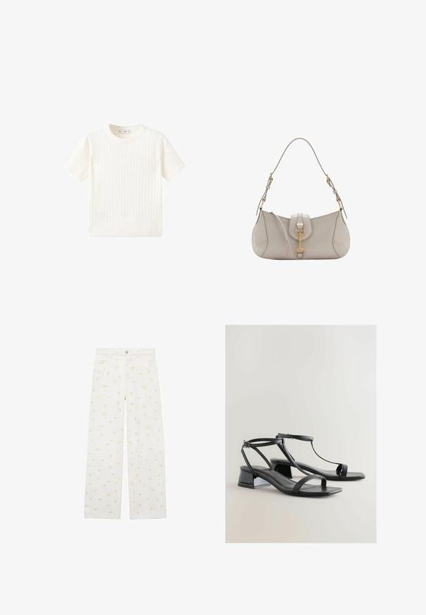 Biały sweter z krótkim rękawem, z wzorem w warkocze, okrągłym dekoltem i ściągaczem na dole. Miękka tekstura, luźny krój i czysty design.; Białe szerokie spodnie dżinsowe z kwiatowym wzorem w jasnopomarańczowym kolorze, pokrywającym całość, oraz przednimi kieszeniami. Zapięcie na guziki w talii.; Czarne sandały na obcasie z eleganckim lakierowanym wykończeniem, smukłymi paskami, wzorem T oraz niskim słupkowym obcasem dla stabilności.; Jasnoszara skórzana torebka o zakrzywionym kształcie, ze złotymi elementami, zapięciem na przodzie i przeszyciami. W zestawie regulowany pasek na ramię.