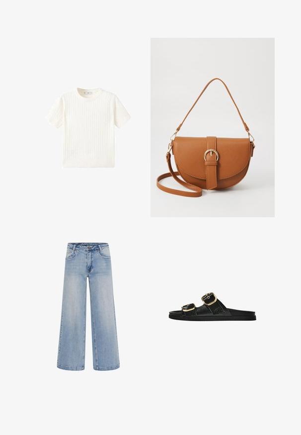 Bela kratka majica s kratkimi rokavi z vzorcem kabelskega pletenja, okroglo izrezano in rebrastim robom. Mehak material, sproščen kroj in čist dizajn.; Svetlo modri široki traper hlače z visokim pasom, petimi žepi in kontrastnim šivom. Narejene iz denima z gladko teksturo.; Črne drsne sandale z dvema zlatima zaponkama, gladkega materiala, ravnim podplatom in minimalističnim dizajnom.; Rjava usnjena torbica prek telesa s ukrivljeno obliko, zlate opreme in sponko. Ima odstranljiv naramni trak.