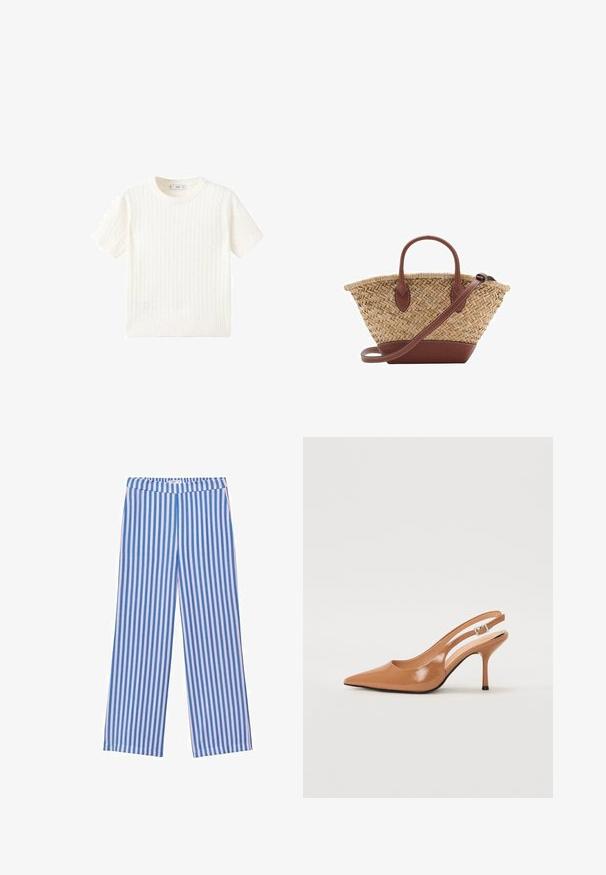 Biały sweter z krótkim rękawem, z wzorem w warkocze, okrągłym dekoltem i ściągaczem na dole. Miękka tekstura, luźny krój i czysty design.; Niebieskie i białe szerokie spodnie w paski z elastycznym paskiem w talii, wykonane z miękkiego materiału, z pionowymi paskami o różnej szerokości.; Sandały na obcasie z kwadratowym noskiem, wykonane z gładkiego, błyszczącego materiału w kolorze brązowym. Charakteryzują się zaokrąglonym wycięciem i smukłym obcasem typu stiletto. Detal w postaci srebrnej klamry.; Woven straw basket bag with brown leather accents, two handles, and a detachable strap. Curved shape with a sturdy base.